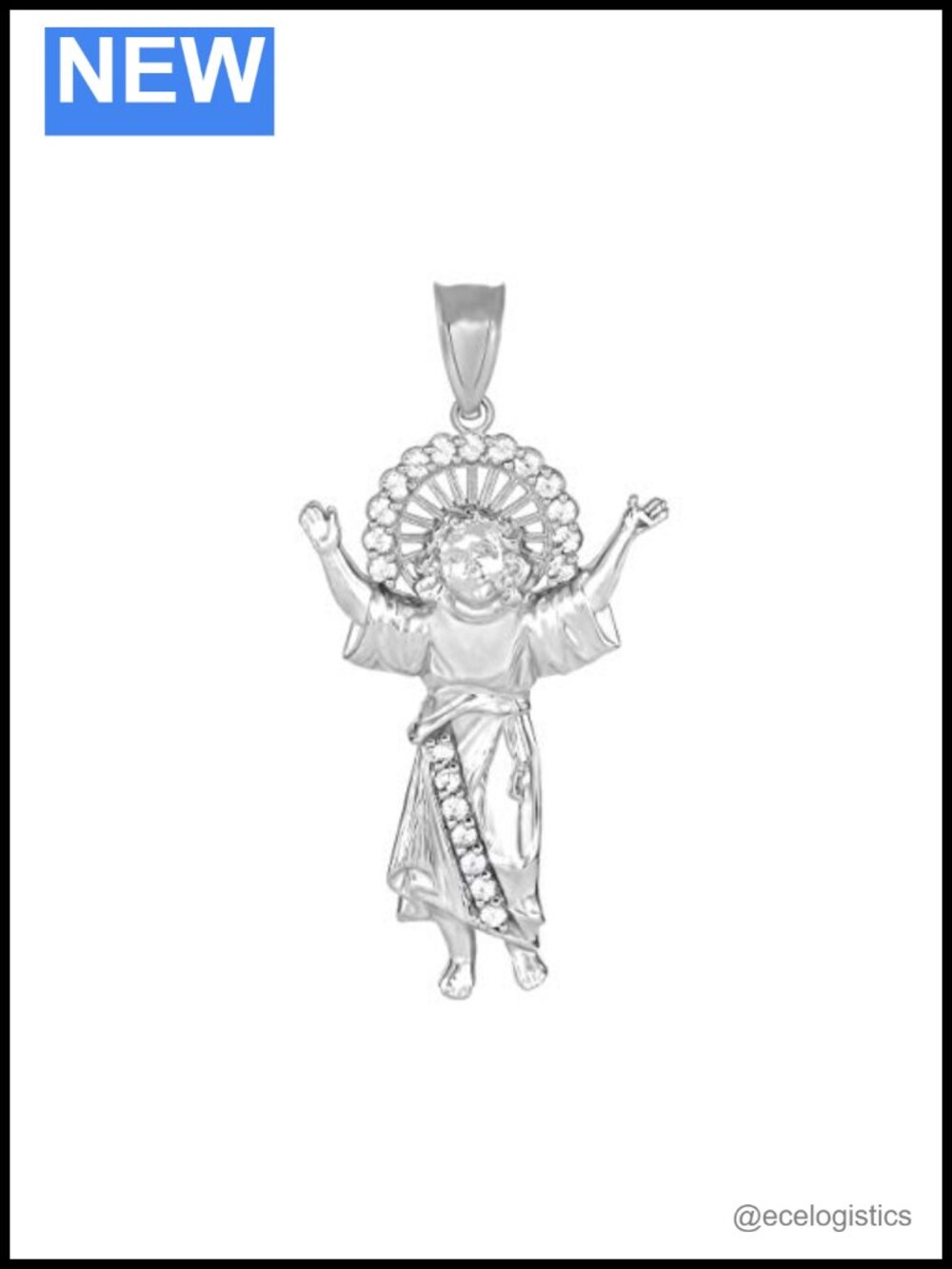 Sterling Silver Divine Infant Jesus CZ Pendant Necklace Large